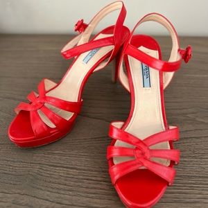 Prada Leather High-Heel Platform Sandals, Red. Size 39.5 (fits 9)